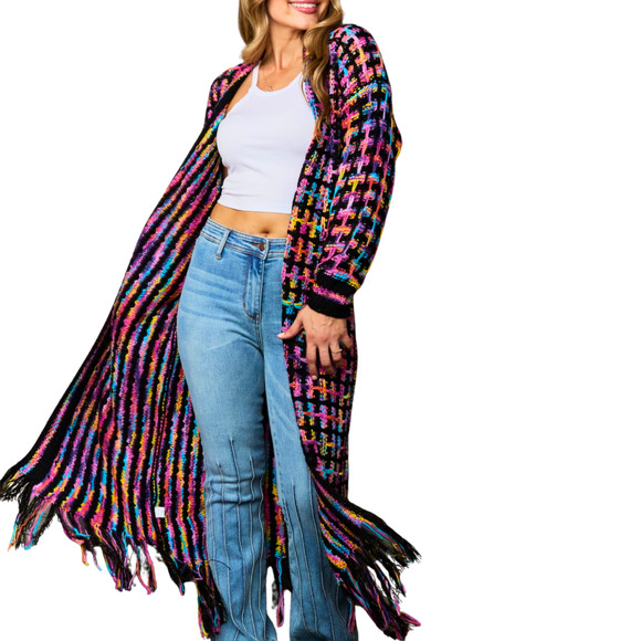 Angel Wings Full Size Multicolored Open Front Fringe Hem Cardigan-Size Large - Picture 5 of 9